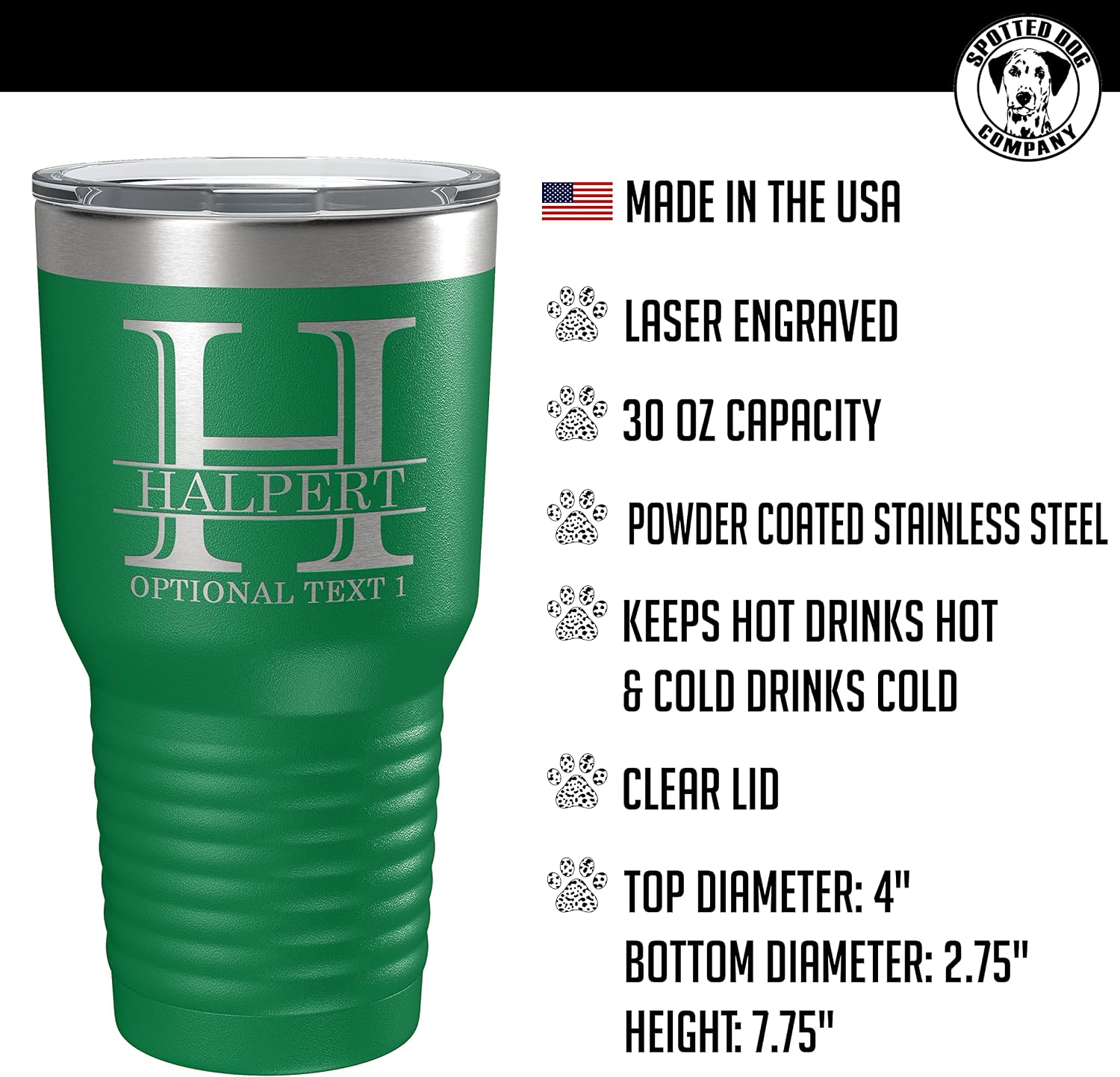 Personalized 30oz (17 Colors) Powder Coated Insulated Stainless Steel Tumbler with Lid, Custom Etched, Customized Engraved Gift Idea for Women Men Her Him, Halpert Monogram Initial Name (Green)