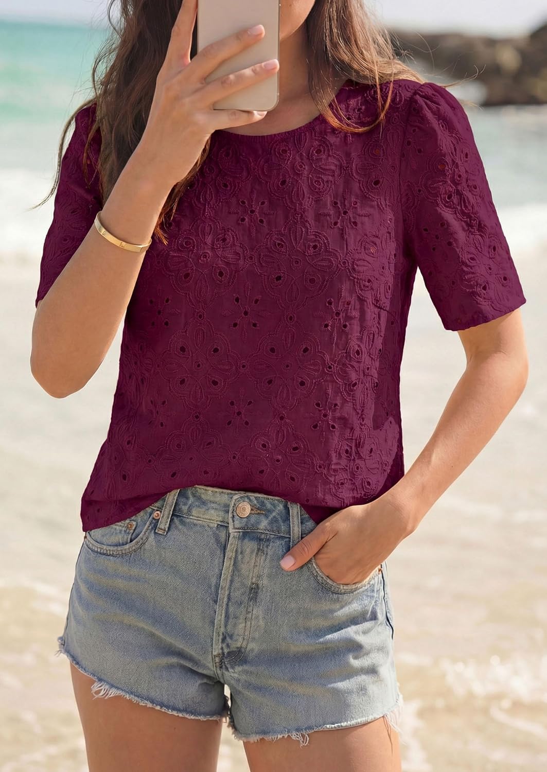 PRETTYGARDEN Embroidered Eyelet Tops for Women Summer Blouses Dressy Casual 2026 Spring Work Teacher Puff Short Sleeve Shirts - Image 2