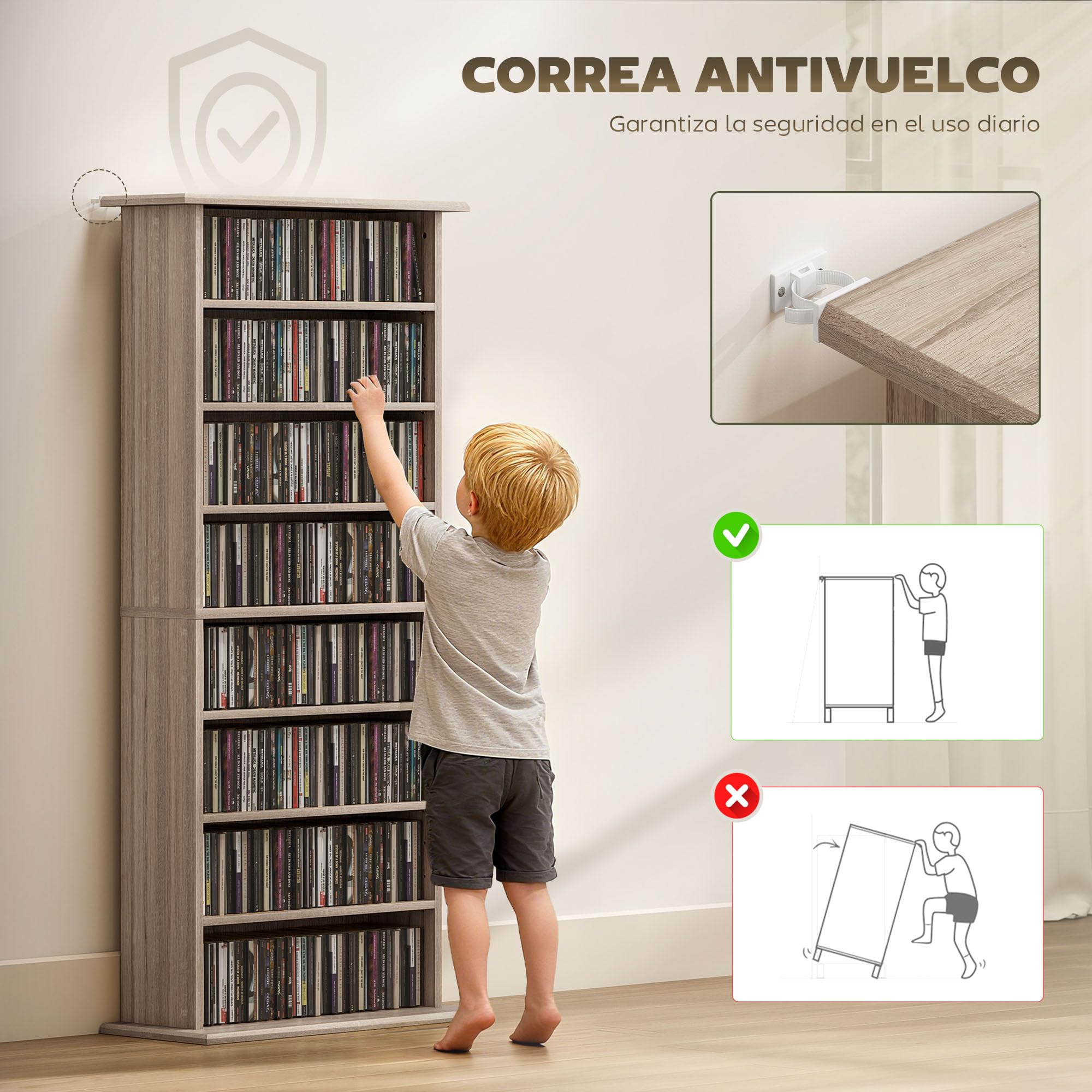 HOMCOM Scaffale per CD e DVD Scaffale stretto per CD con 8 scomparti regolabili per il soggiorno e l'ufficio 58x24x126,3 cm Legno naturale