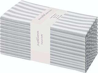 PurpleEssences Plain Striped Cloth Napkins - Set of 12-100% Cotton - 18 x 18 Inch - Fall Thanksgiving - Perfect Everyday Use Dinner Napkin - Gray and White