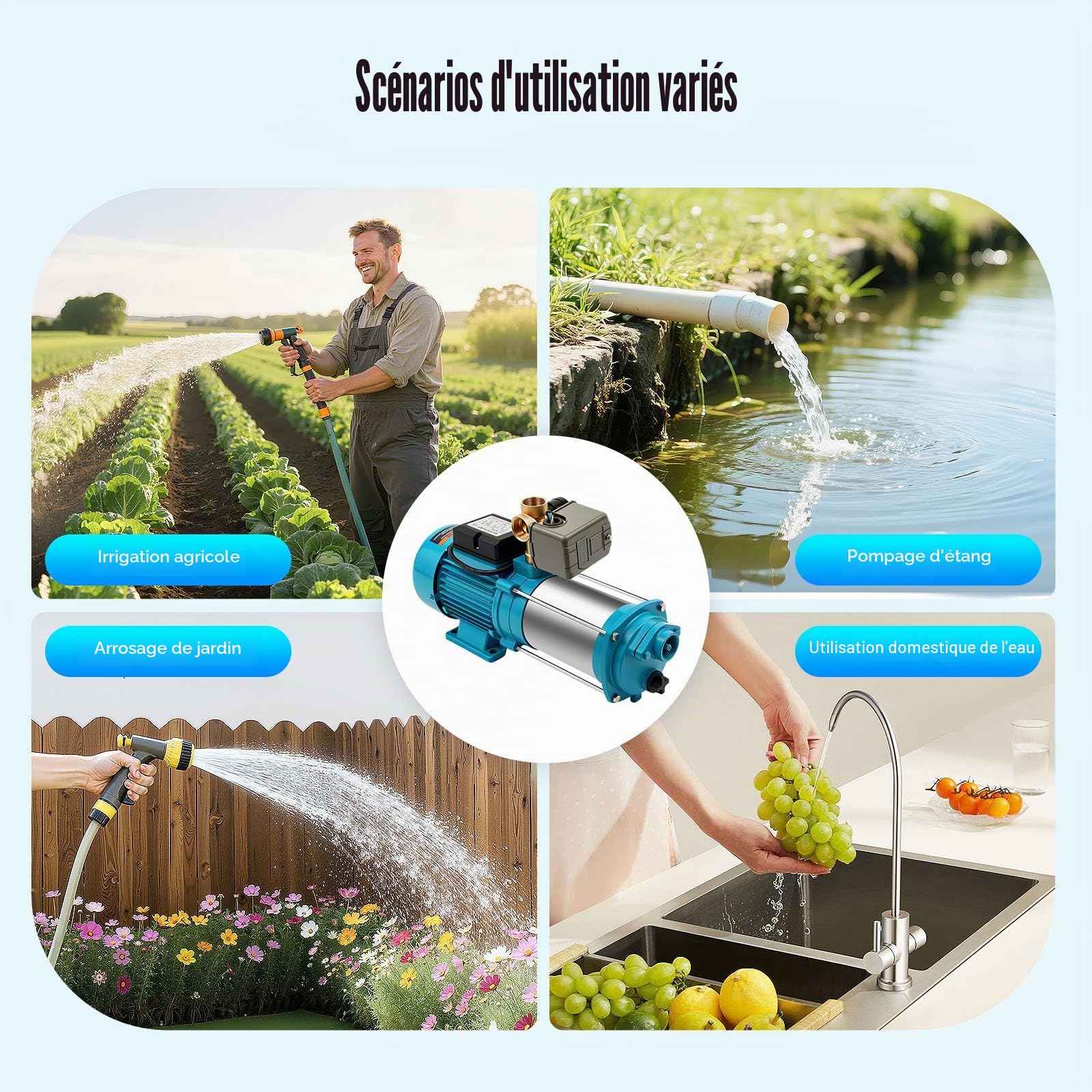 Pompe Centrifuge en Acier Inoxydable 1300W 4000L/h 9.8 Bar avec Manomètre Pompe a Eau Max. Ascenseur 98m Pompe à Jet pour L'irrigation Fermes, Étangs, Jardins et Fontaines