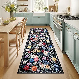 Runner Rug for Entryway: 2x6 Kitchen Rugs Non Slip Washable Ultra-Thin Soft Floral Carpet Indoor Floor Stain Resistant Carpets for Hallway Bedroom Kitchen Laundry Bathroom Dorm Black