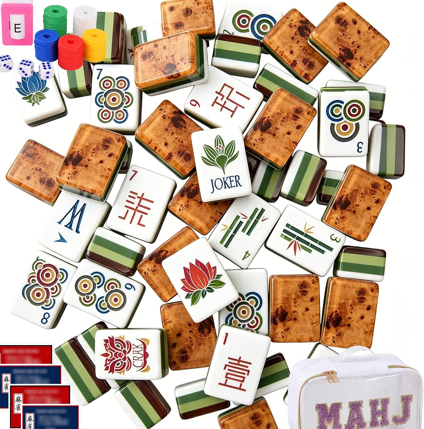 Wood Texture American Mahjong Tile Set with Accessories