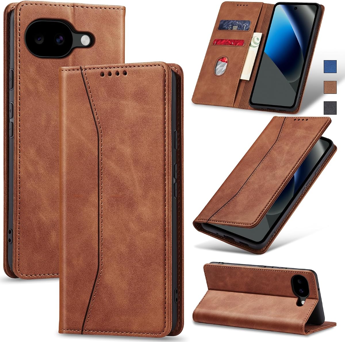 Jasonyu Funda tipo billetera con tapa para Google Pixel 10A, marrón | Funda tipo folio magnética de cuero de PU, con tarjetero, soporte, TPU a prueba de golpes, duradera, funda protectora para teléfono