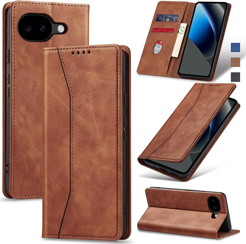 Jasonyu Funda tipo billetera con tapa para Google Pixel 10A, marrón | Funda tipo folio magnética de cuero de PU, con tarjetero, soporte, TPU a prueba de golpes, duradera, funda protectora para teléfono