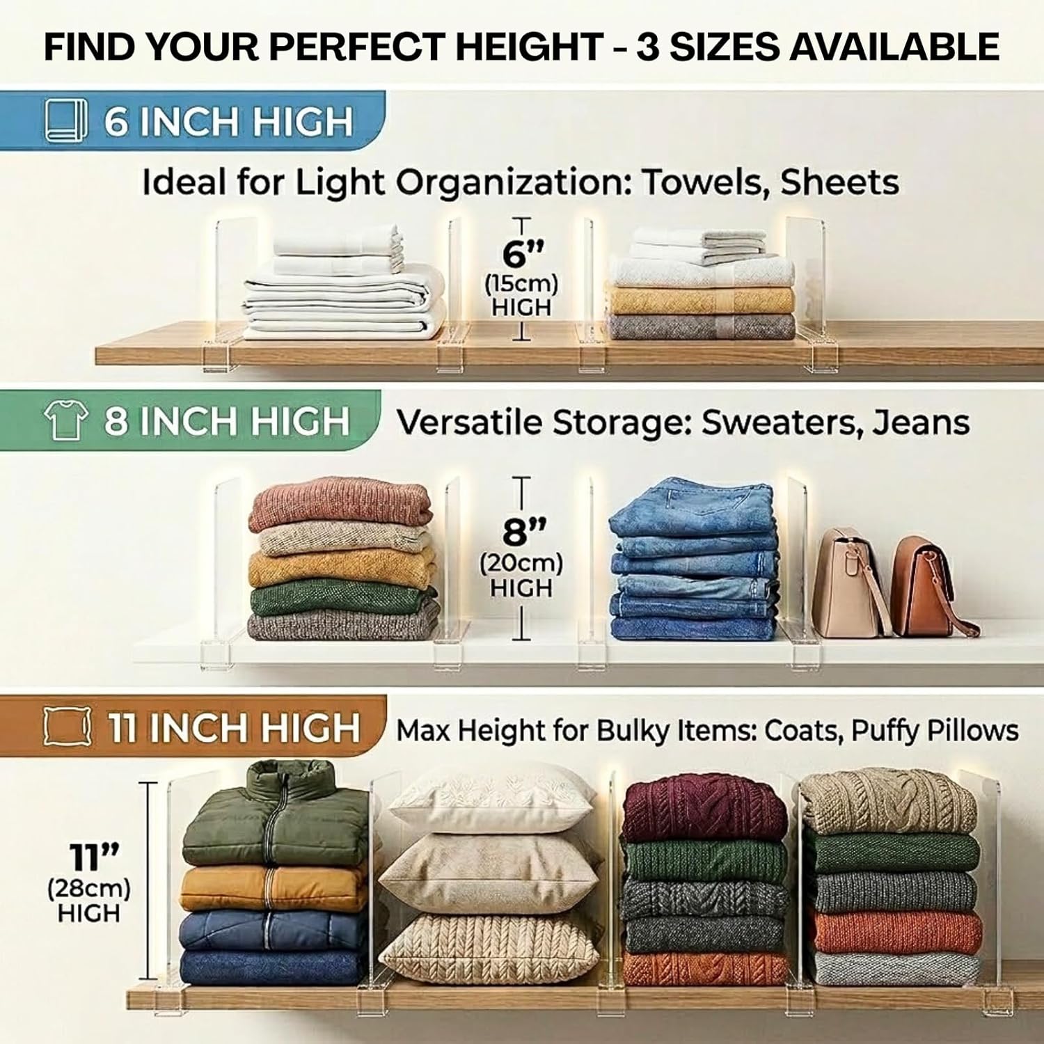 Shelf Dividers Purse Organizer for Closet: 8-Pack Acrylic Bag Storage Organizer for Handbags, Clutches, Clothes, Sweater, Towel on Wood Shelves