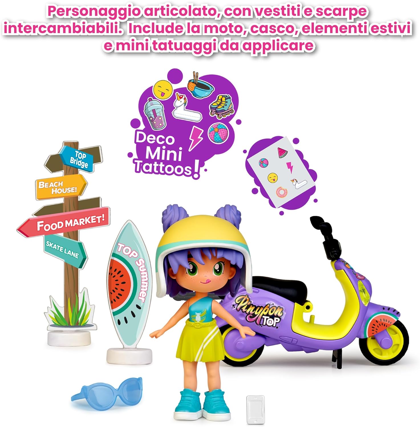 Moto Girl, Articulated Figure of Arms and Legs, Set of Girl Top with Her Bike, Includes Helmet and Glasses, Interchangeable Clothes and Shoes, Double Sided and Decoration, +4 years, Famous