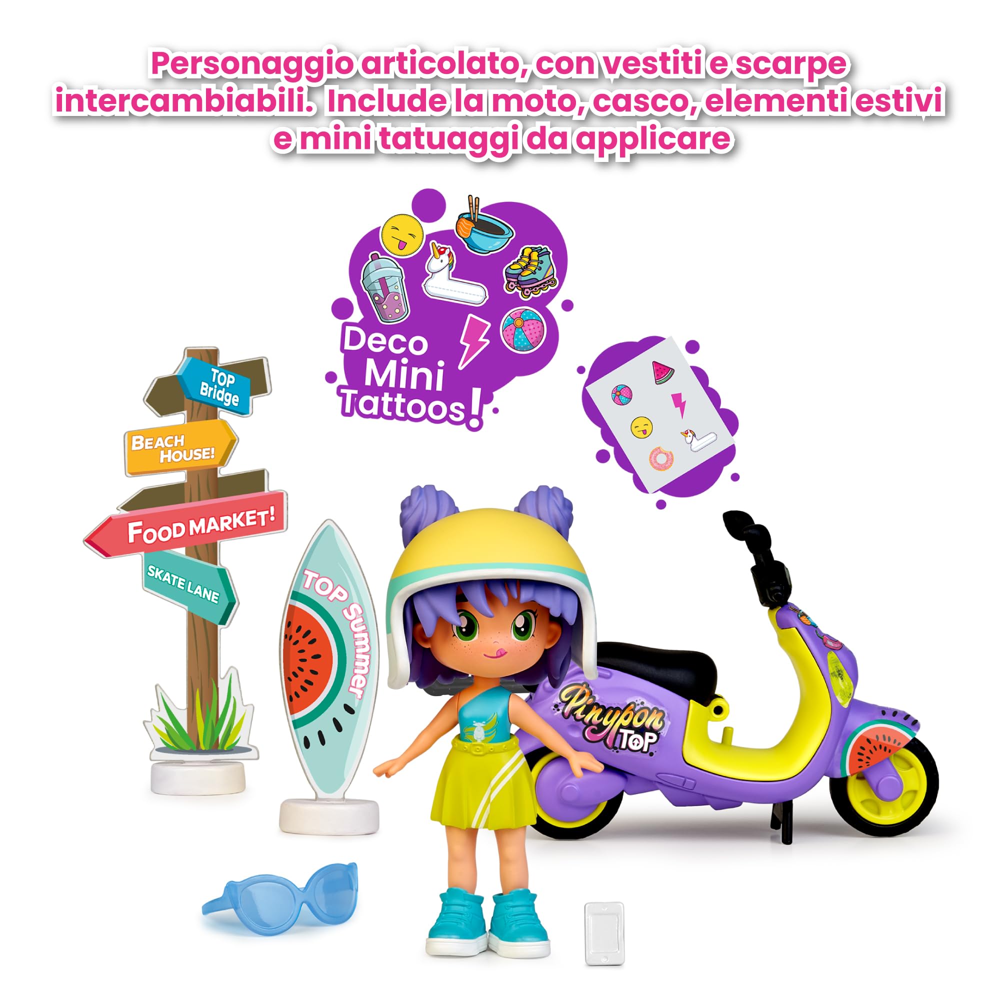 Pinypon Top Moto Girl, Figura Articulada de Brazos y Piernas, Set de Chica Top con su Moto, Incluyen Casco y Gafas, Ropa y Zapatos Intercambiables, Doble Cara y Decoración, +4 años, Famosa (PNN03000)