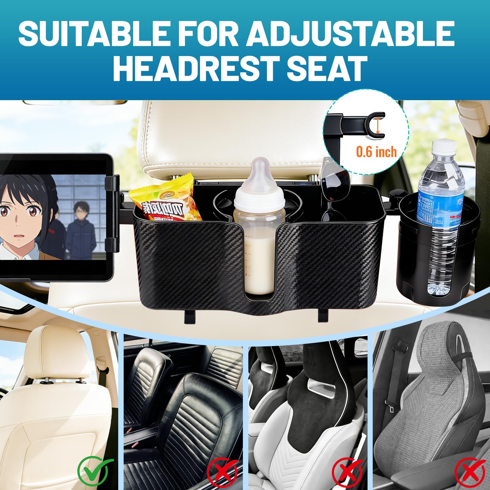 Auto Kopfstütze Rücksitz Aufbewahrungsbox mit Getränkehaltern, Rücksitz Auto Organizer Tablet Telefonhalter mit Haken, verstellbar 3-in-1 Multifunktionaler Auto Essensschale für Reisezubehör