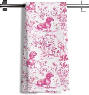 Nipi Pink Chinoiserie Dachshund Kitchen Towels, Pink Floral Botanical Dachshund Decorative Dish Tea Towels, Grandmillennial Weiner Dog Hand Towels for Kitchen Bathroom, 16x24 Inch