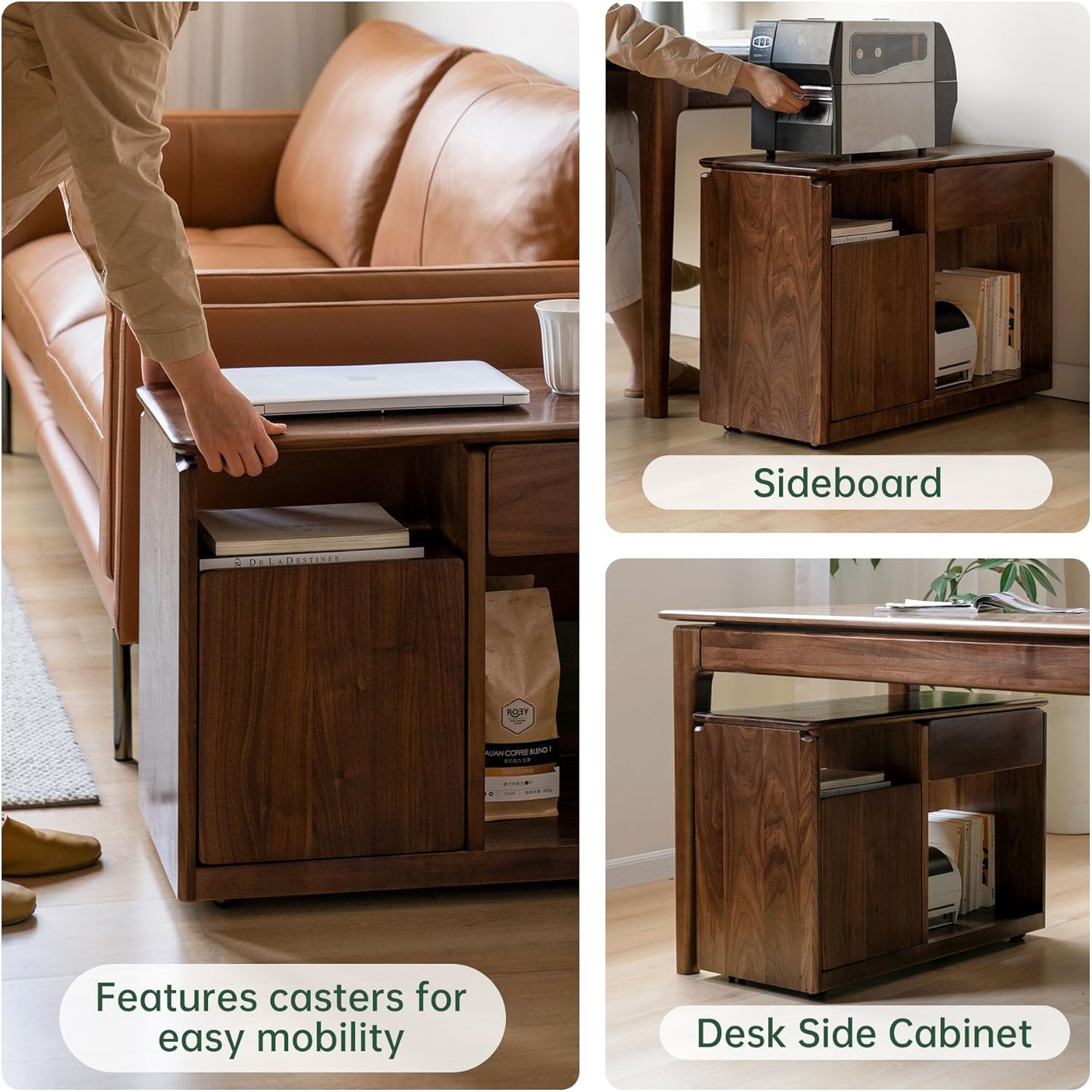 YESWOOD Solid Wood Side Table, Storage Side Table with Wheels, Narrow End Table with Drawer & Door, Rolling Bedside Table for Living Room, Dining Room(15.74" D x 23.62" W x 21.65" H, Walnut)