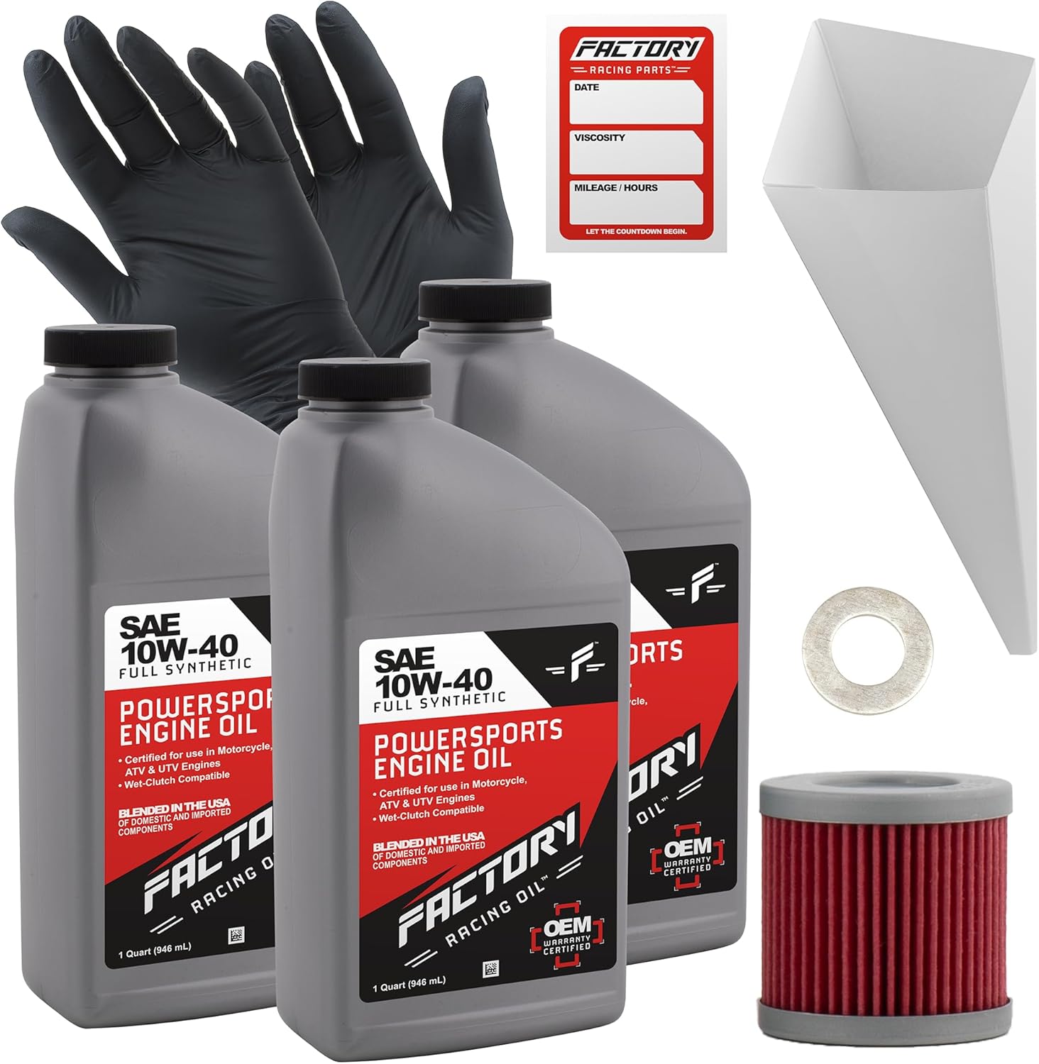 Factory Racing Parts Full Synthetic Oil Change Kit compatible with Kawasaki KFX 400 – Includes 3 Quarts of SAE 10W-40 Oil, 1 Filter, 1 Crush Washer, 1 Funnel, 1 Oil Change Reminder Sticker