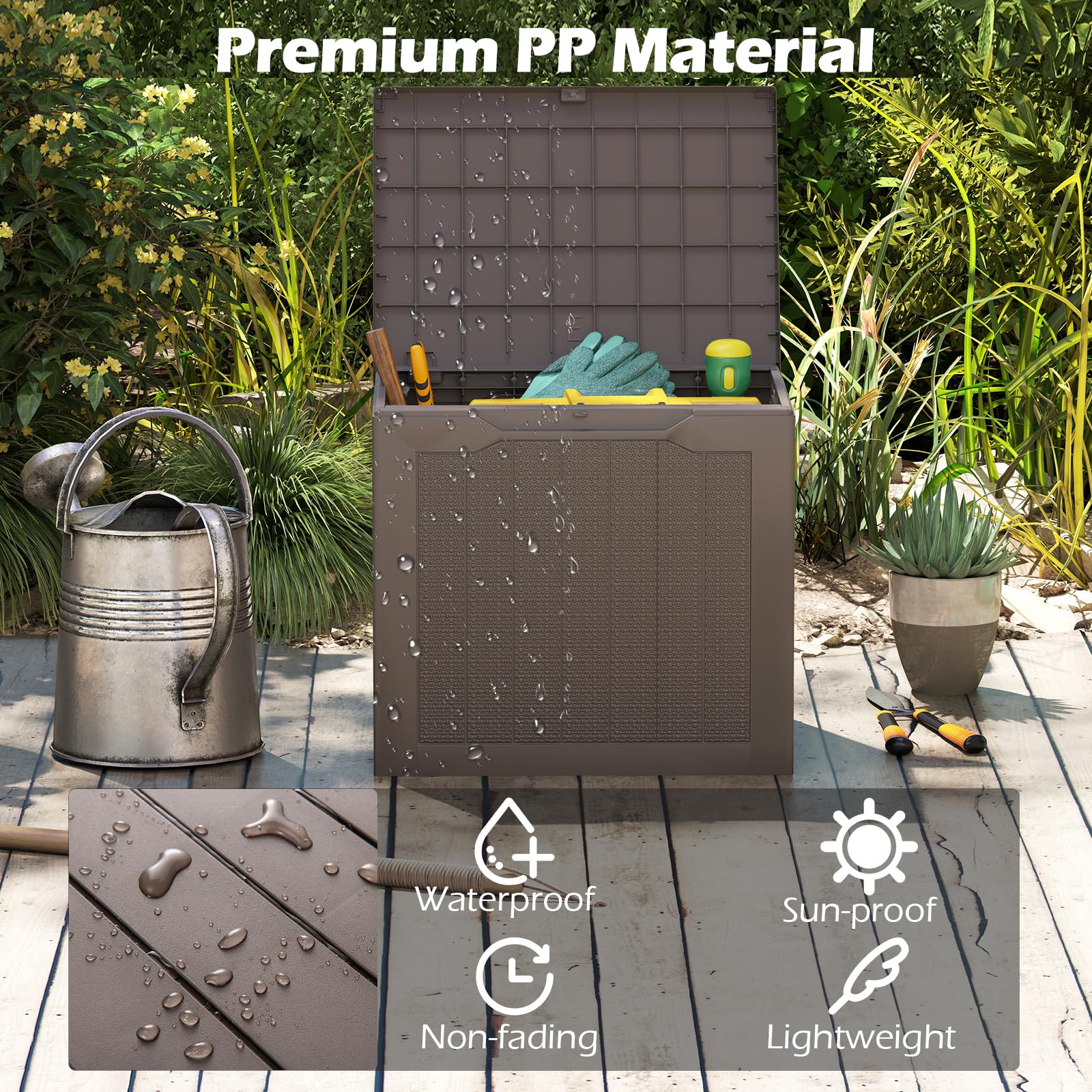 GIANTEX Coffre de Jardin Exterieur PP 96 L Résistant Aux Intempéries Couvercle Verrouillable Texture Rotin Marron