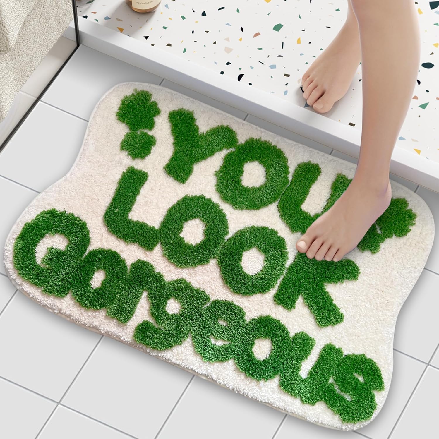 ZALL You Look Bath Mat Bathroom Rugs Green White