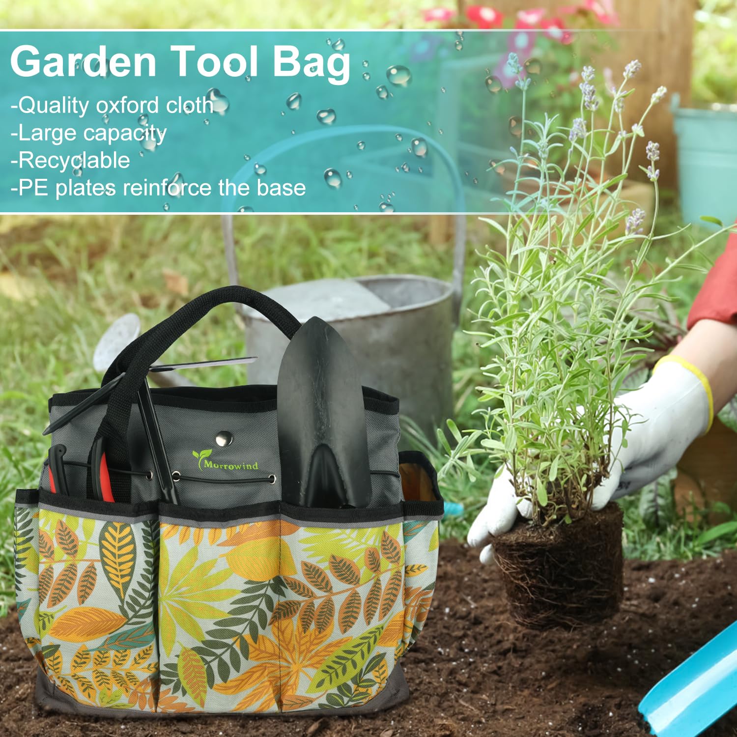 MORROWIND Borsa Attrezzi da Giardino in Tessuto Oxford, Tote con Tasche e Tracolla Regolabile Organizzatore Attrezzi con Tasca con Cerniera per Giardinaggio e Lavoro nel Prato, Verde Floreale