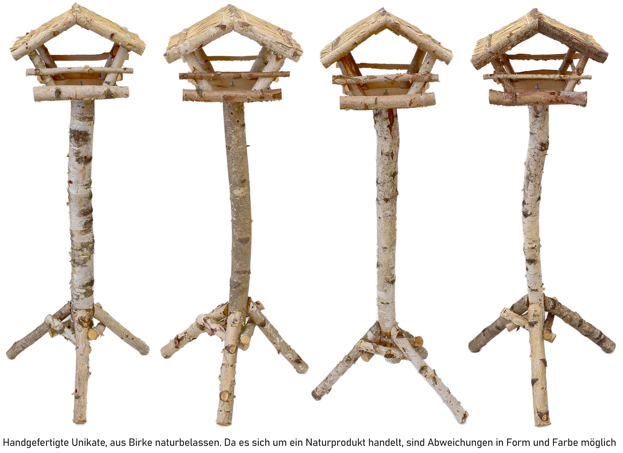 Vogelhaus aus Birkenholz 132cm mit Ständer Vogelfutterhaus Futterhaus Vogelhäuschen Vogel Ständer Reetdach Natur