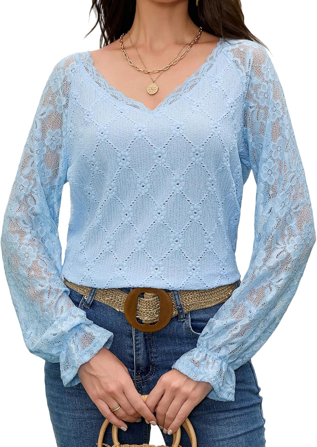 Women's Long Sleeve Lace Shirt V-Neck Bell Sleeve Blouse Elegant Blusas for Women Fall Fashion Tops S-XXL