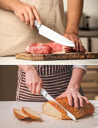 Miniatura 9 de syvio Juego de cuchillos blancos, juego de cuchillos de cocina con bloque y afilador, 14 cuchillos de cocina para cortar, rebanar, cortar en dados y