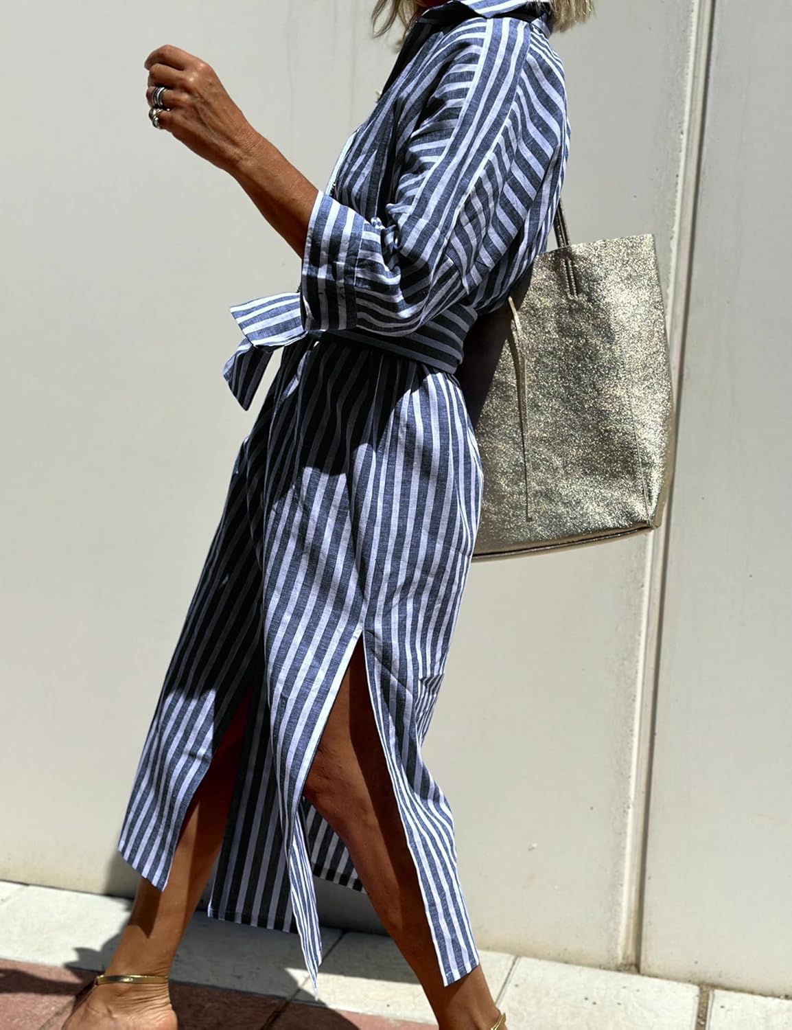 Hooever Shirt Dresses for Women Casual Long Sleeve Button Down Loose Striped Cotton Maxi Shirt Dress - Image 3