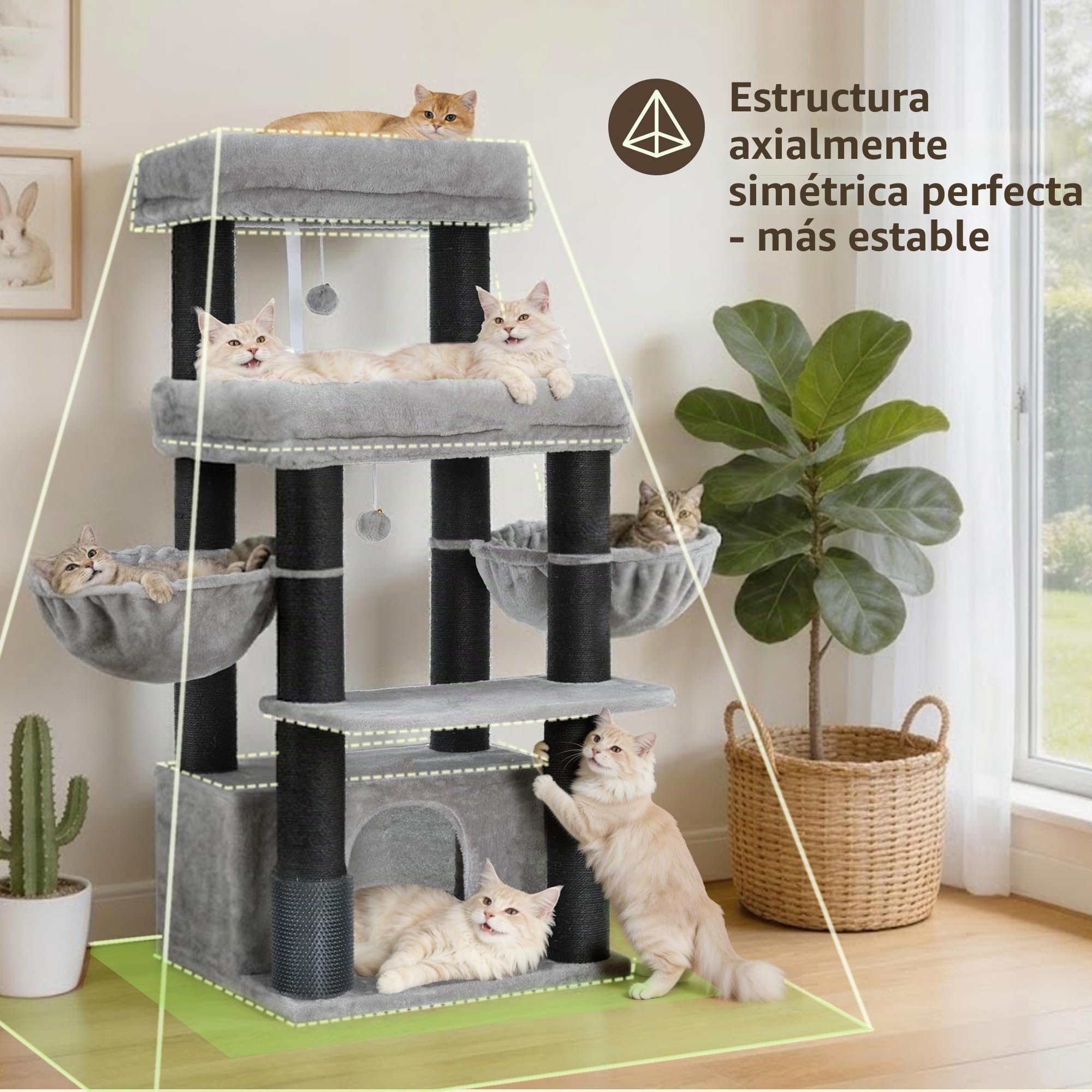 Hey-brother Rascador para Gatos, Poste de Sisal 8 cm Grosor, Cueva, MPJ02G | 130cm Árbol Rascador Para Gatos, con 2 Plataforma, 2 Cesta, Cepillo para Mascotas, para Gato de Interior, Gris Claro
