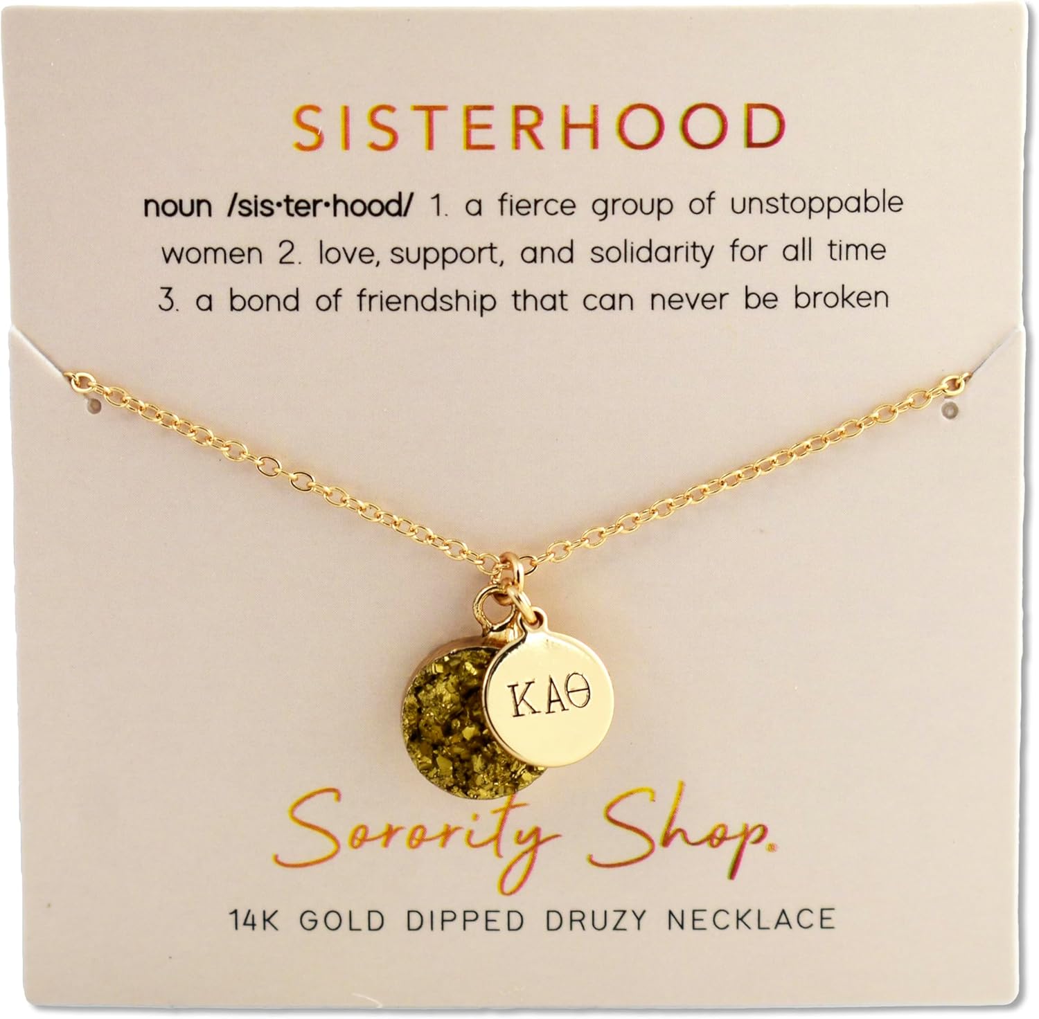 Sorority Shop KAT Necklace - Kappa Alpha Theta Druzy Gemstone Necklace With Engraved Pendant – 14K Gold Dipped Jewelry with Gold Gemstone – Sorority Gift, Charm Paraphernalia - Image 4