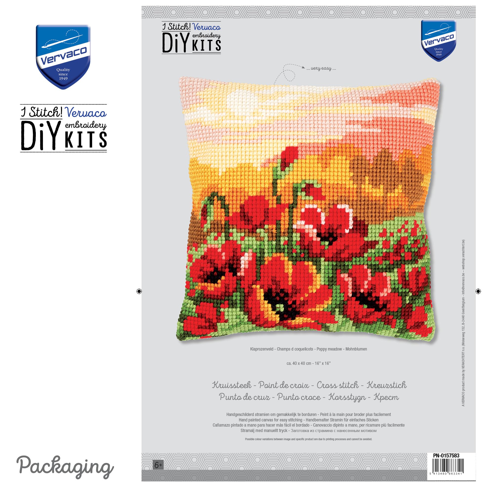 VERVACO Kit Cuscino Punto Croce PRATO DI PAPAVERI Set Ricamo Principianti Cuscini Gobelin Decorativi ca. 40 x 40 cm Accessori Per Lavoretti Creativi DIY Casa Decor Hobby Adulti Cross Stitch