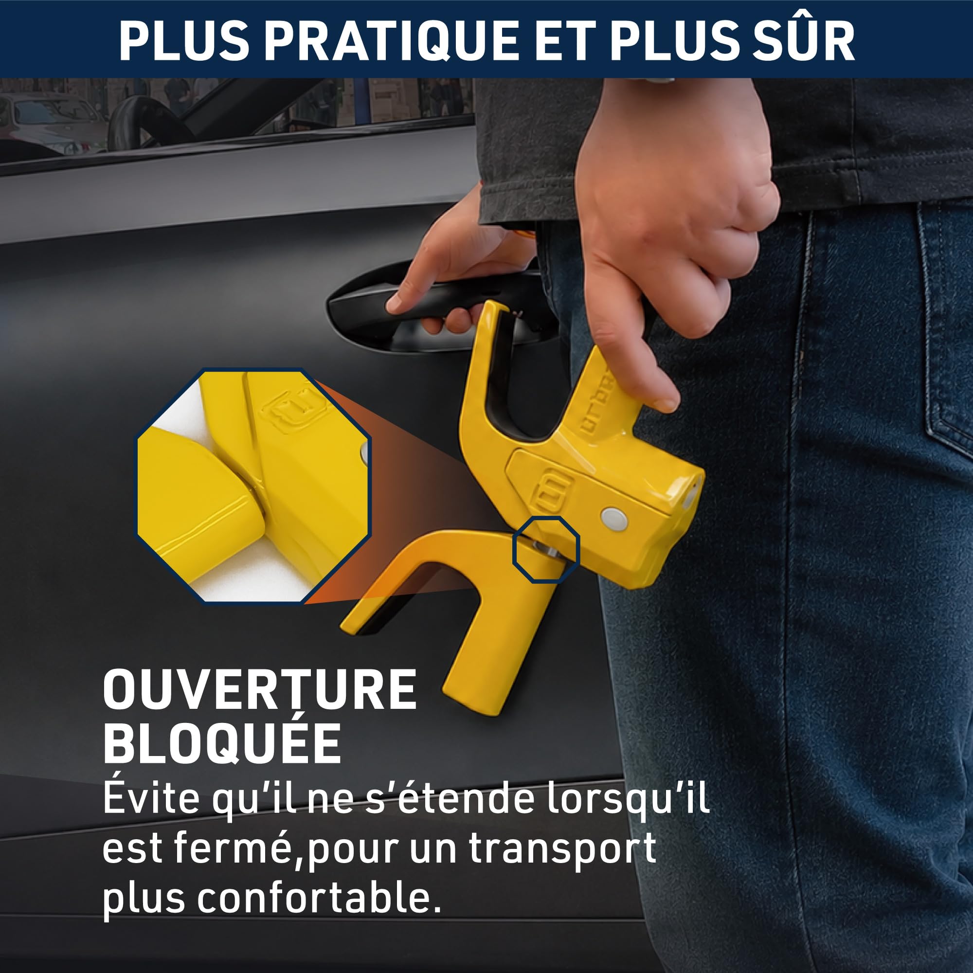 URBAN UR978Y Antivol Voiture Double Sécurité | Canne Antivol Voiture + Alarme Hi-Tech 120dB LED Warning | Sûr, Dissuassif, Résisté Tentative Vol | Bloque Volant Breveté, Barre Bloc Auto Universelle