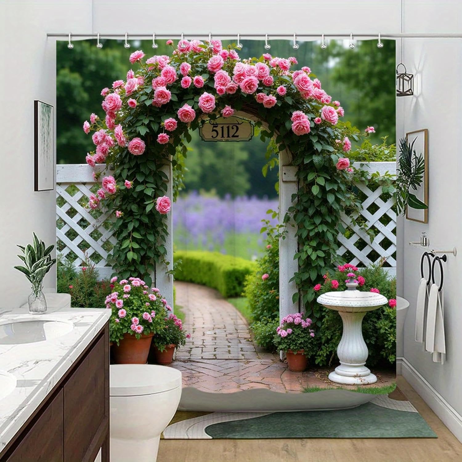 1pc Garden Entrance with Pink Roses Shower Curtain, Romantic and Tranquil Bathroom Decor Polyester Fabric Shower Curtain 30x79in-75x200cm/WxH
