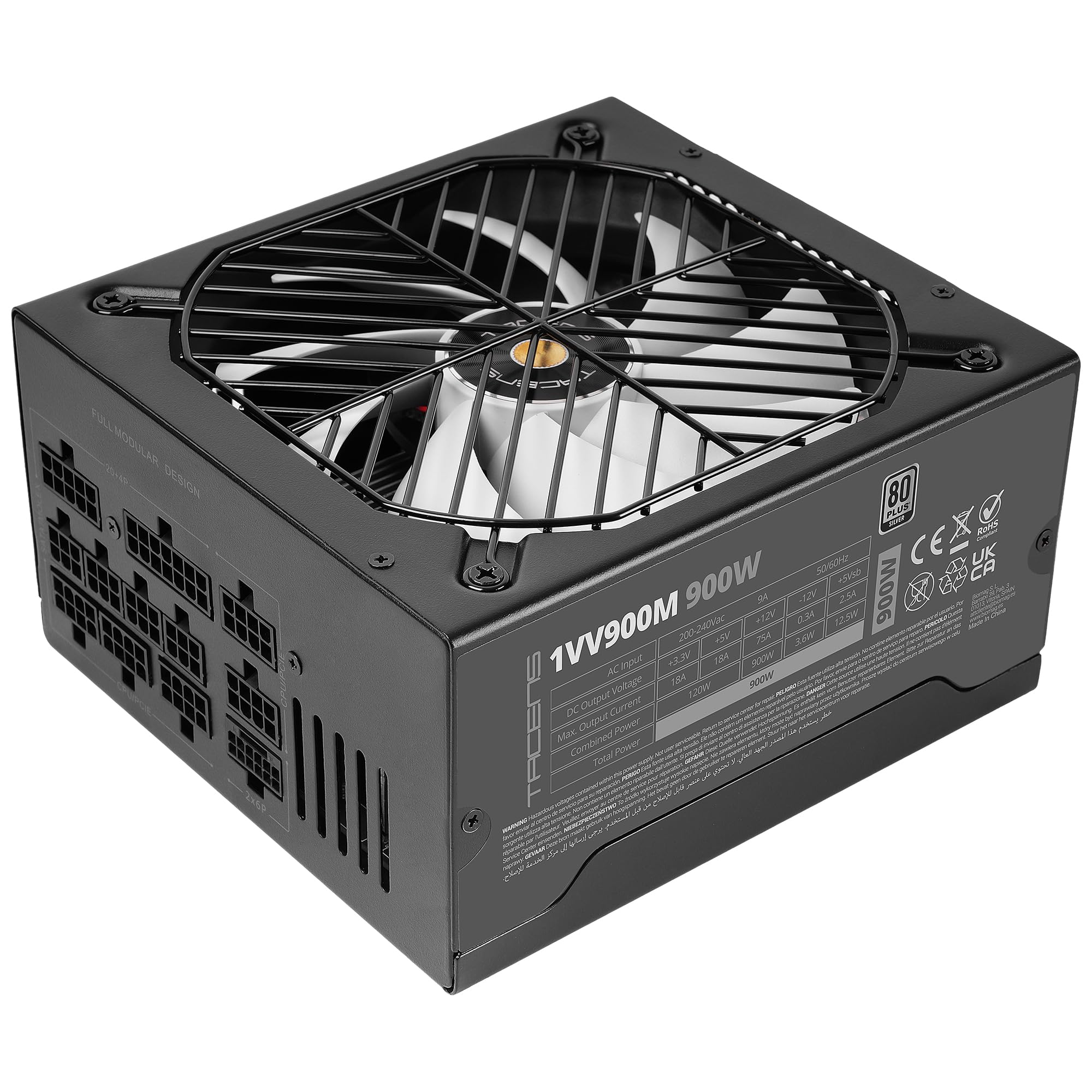 Tacens Valeo V 900M, Fuente de Alimentación ATX 3.1 900W, 10 Años Garantía, 80Plus Silver, Ventilador AI2-RPM FDB 140mm, Condensadores Japoneses 105°C, Cableado Modular, PCIe 5.1 y 12V 2x6, Negro