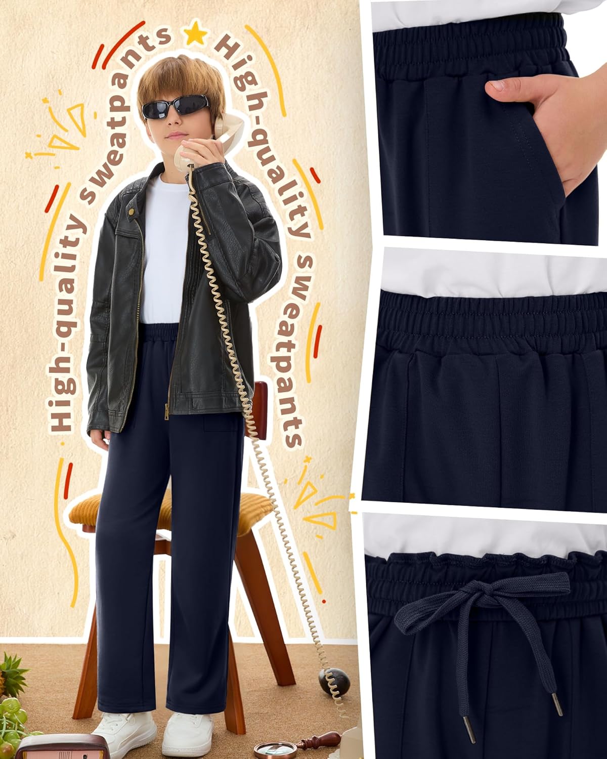 3 Pack Boys' Baggy Sweatpants Straight Leg Open Bottom Athletic Pants Kids Drawstring Trousers with Pockets