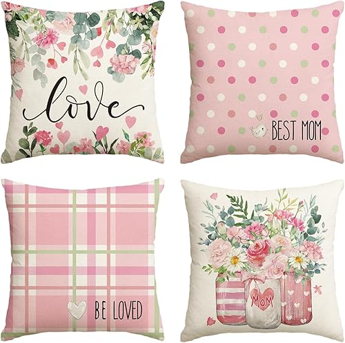 AVOIN colorlife Juego de 4 fundas de almohada rosas para el Día de la Madre, 18 x 18 pulgadas, jarrones de flores, regalo para mamá, decoración para