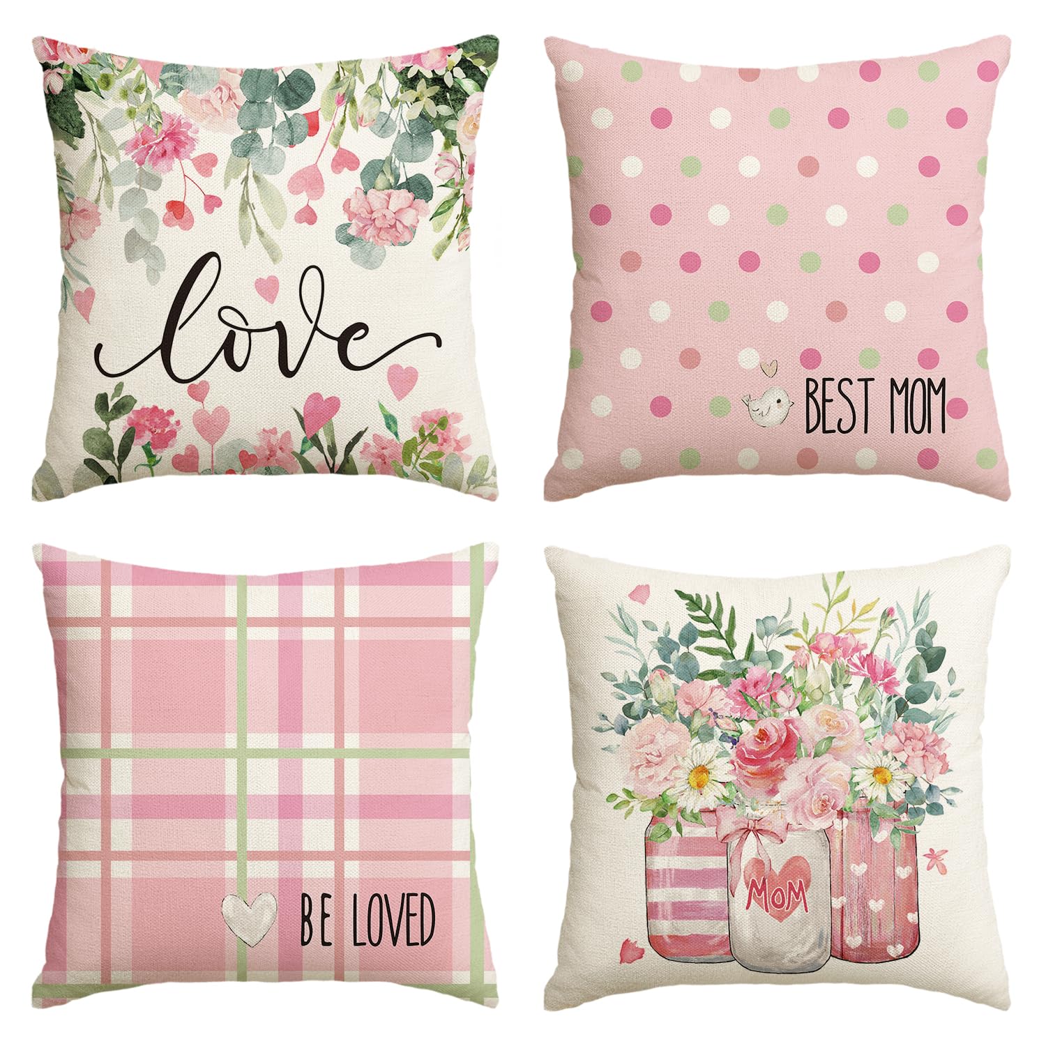 Housse de coussin cadeau fête des Mères motif vase à fleurs rose - Lot de 4 taies AVOIN
