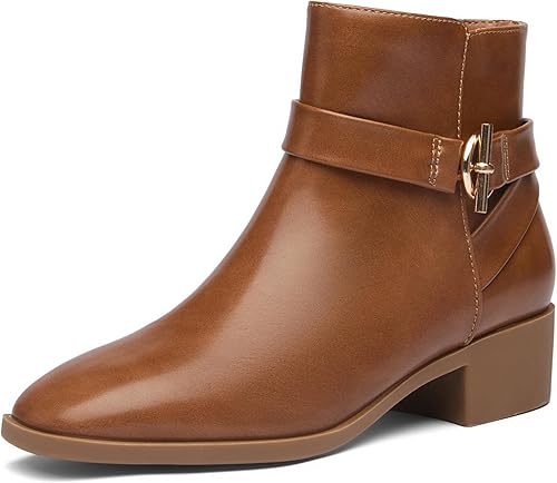 SICARE Square Toe Ankle Boots for Women, Low Block Heel Fashion Short Chelsea Booties, Chunky Heeled Side Zip Comfortable Fall Winter Dress Boot,Brown,Size 8