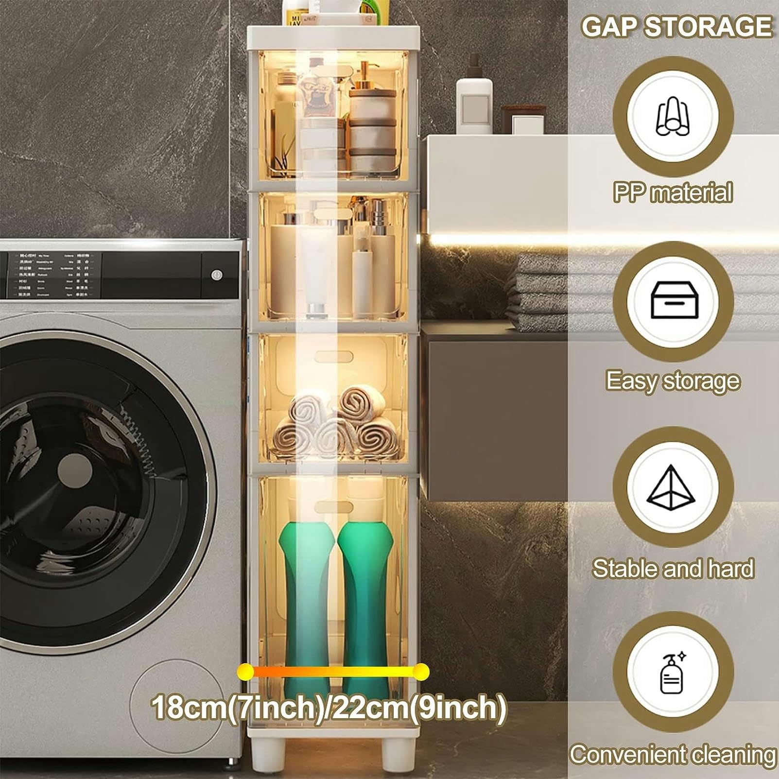 Gabinete de piso para baño con cajones de almacenamiento apilables Gabinete de baño Delgado de almacenamiento, Gabinete de almacenamiento de Papel higiénico Delgado de gr