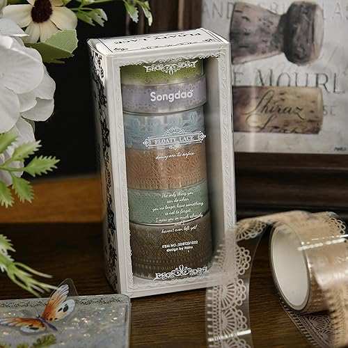 Miniatura 5 de Songdao 6 rollos de cintas de PET con patrones de encaje, arte floral, juego de cinta adhesiva transparente para manualidades, niños, álbumes de