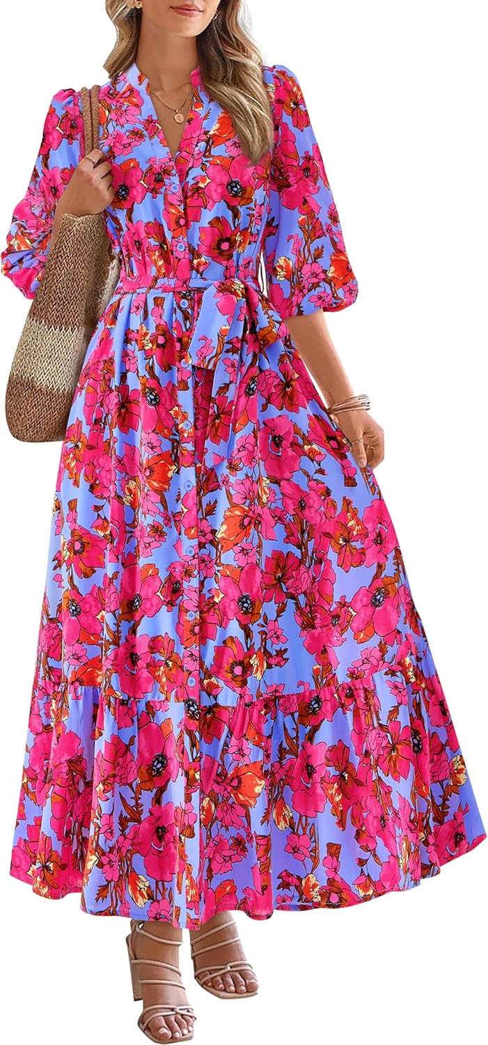 MASCOMODA Womens Floral Maxi Dresses Boho Summer Casual V Neck 3/4 Puff Sleeve Button Down Tie Waist Long Flowy Shirt Dress