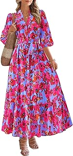 Womens Floral Maxi Dresses Boho Summer Casual V Neck 3/4 Puff Sleeve But...