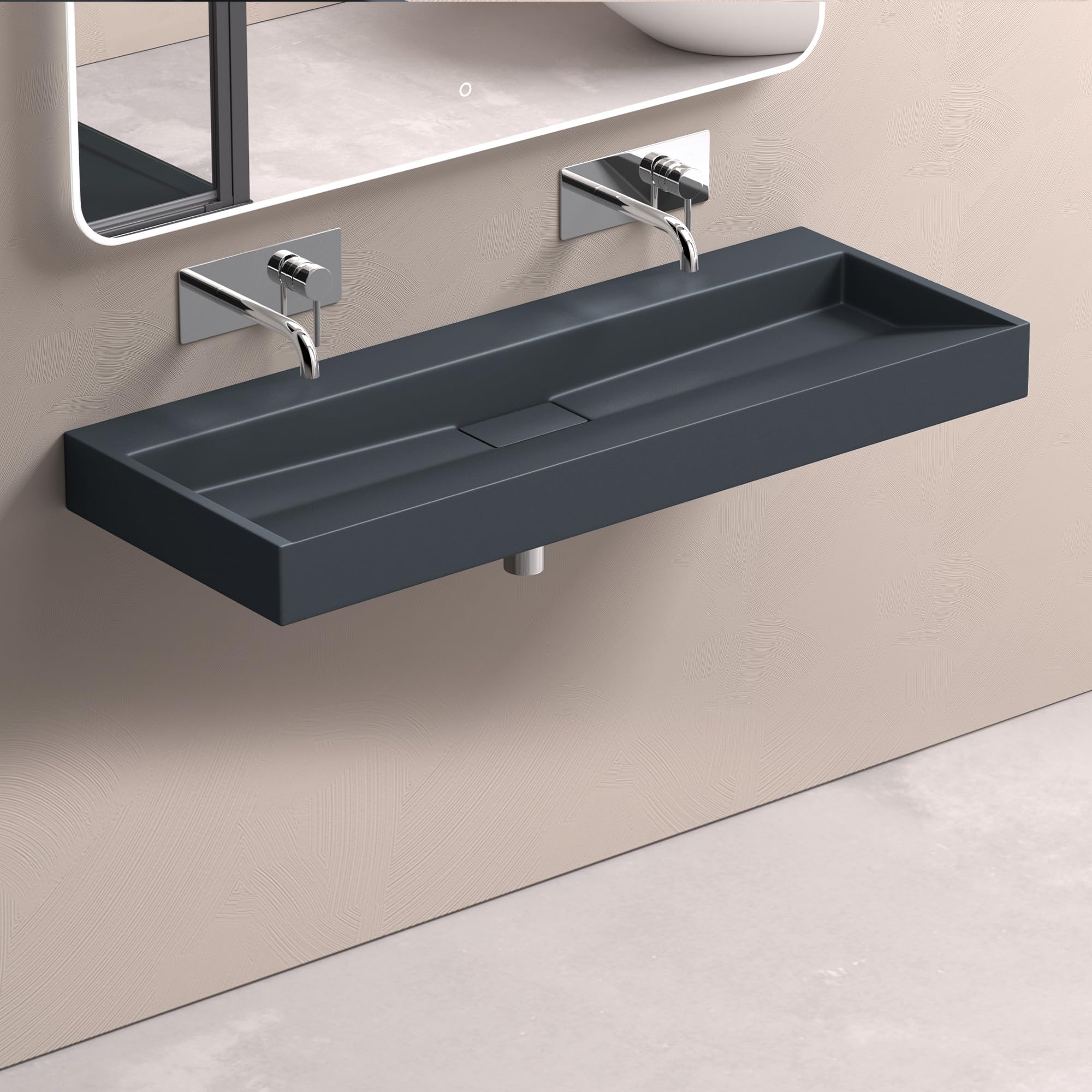 doporro Lavabo Suspendu avec Bonde Vasque à Poser Gris Noir Mat 120x46x11cm Lave Mains Rectangulaire sans Perçage de Robinet Colossum19 | Colossum19 Lavabo suspendu rectangulaire pour salle de bain avec vide, marbre fondu, revêtement nano