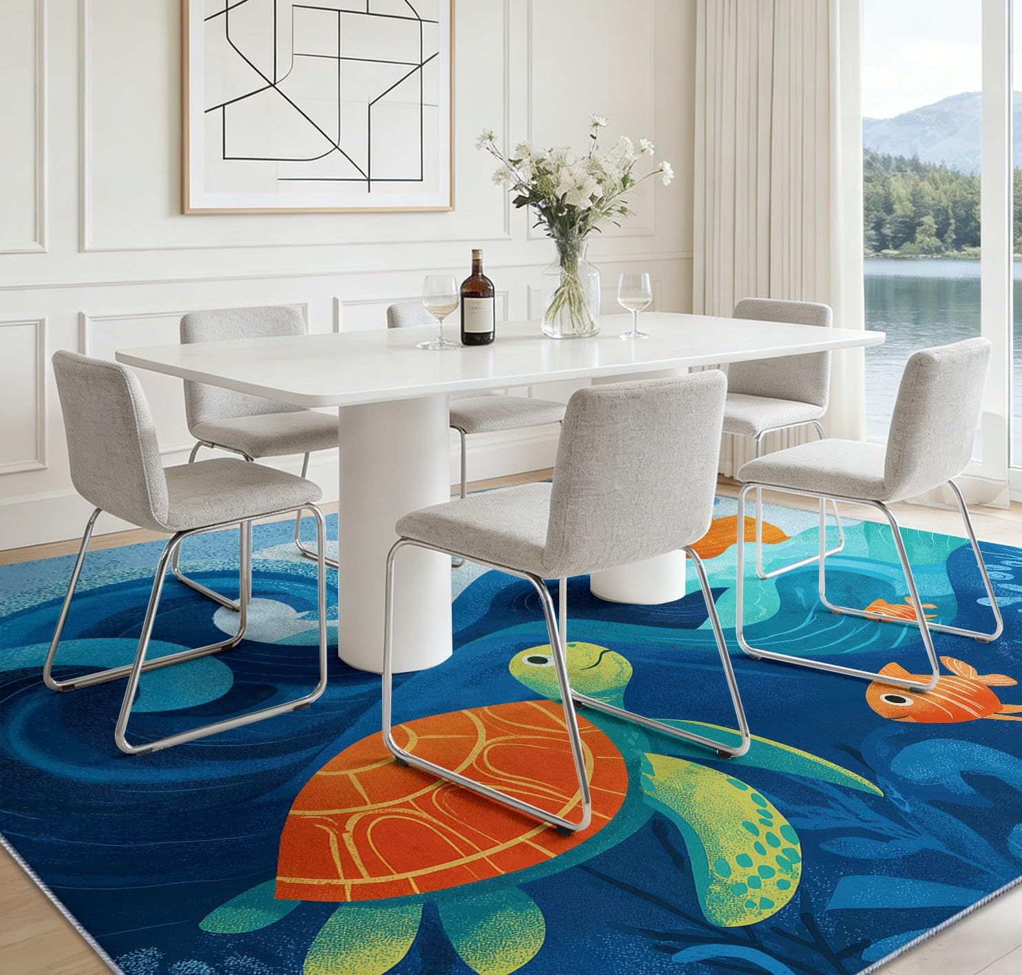Alfombra suave antideslizante 120 x 170 cm barco pirata de dibujos animados olas tortuga alfombra de dormitorio pelo Ras, tema marítimo antideslizante moqueta, para dormitorio, pasillos, salón cocina