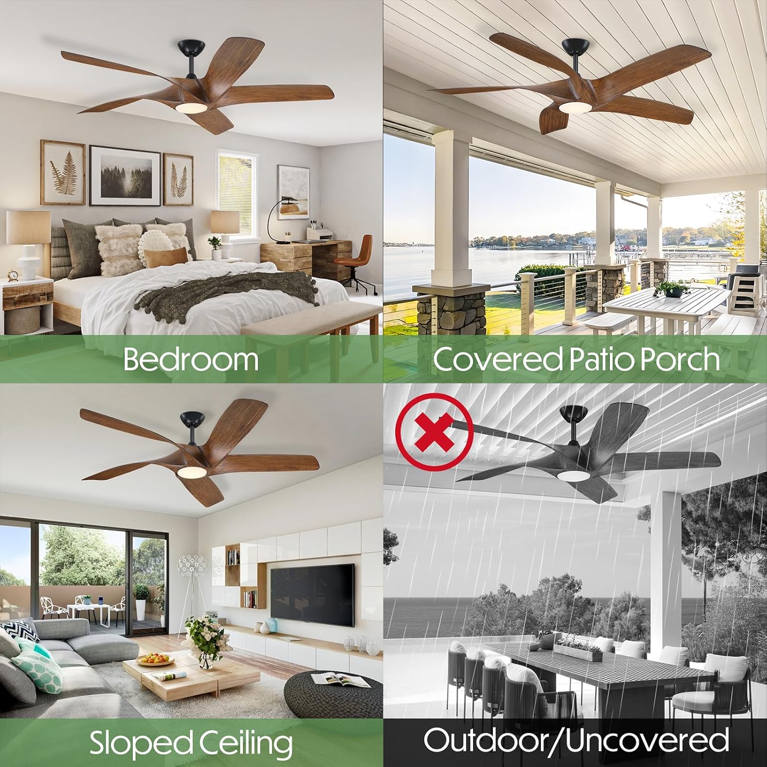 60 Inch Ceiling Fans with Lights and Remote,5 Blades Large Walnut Ceiling Fan, Outdoor Ceiling Fan with 6 Speeds,Reversible DC Motor, Timer for Living Room, Farmhouse, Patio(MBK/DK) - Image 5
