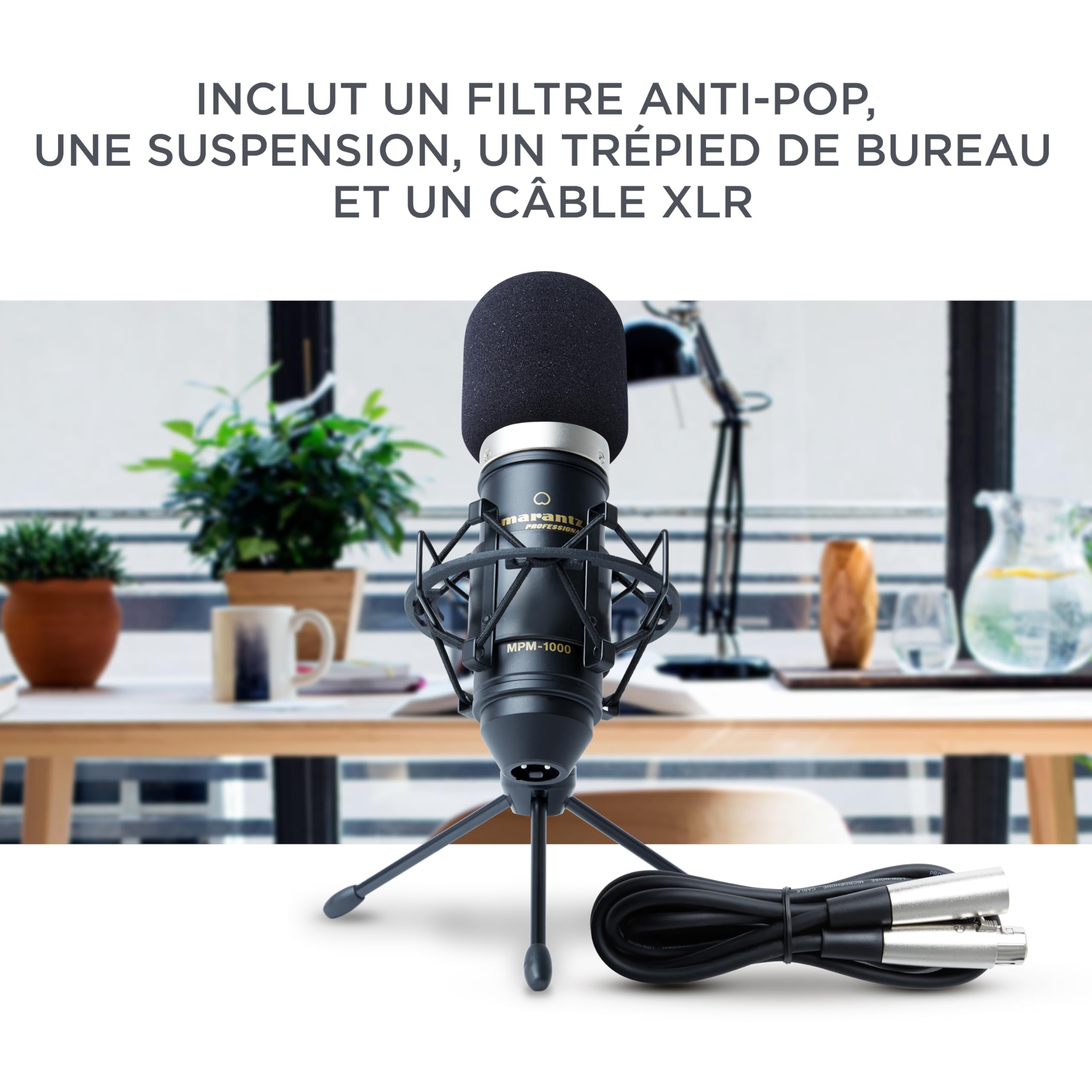 Marantz Professional MPM-1000 - Micro à condensateur XLR avec pied de bureau et câble pour podcast, streaming, chant, télétravail et gaming