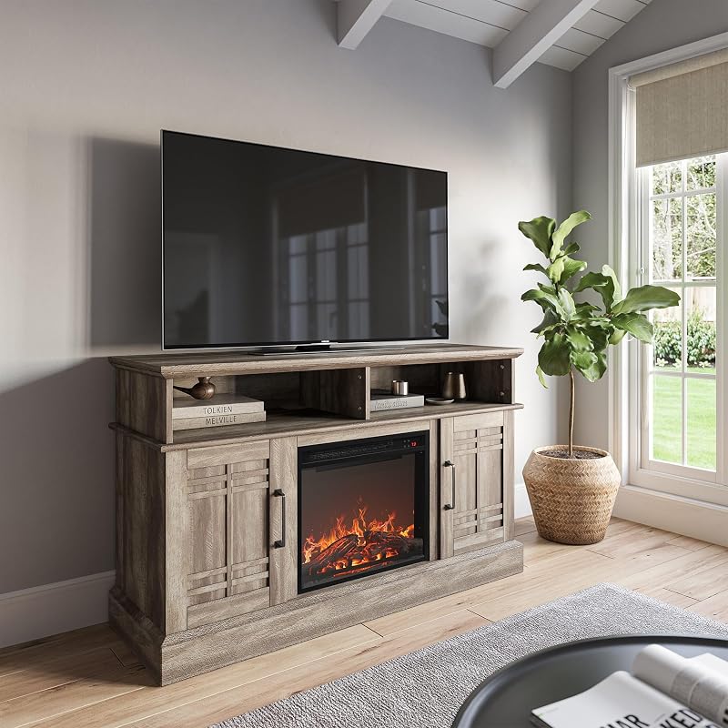 BELLEZE Norrell 48" TV Stand with 18" Electric Fireplace - Ashland Pine image 5