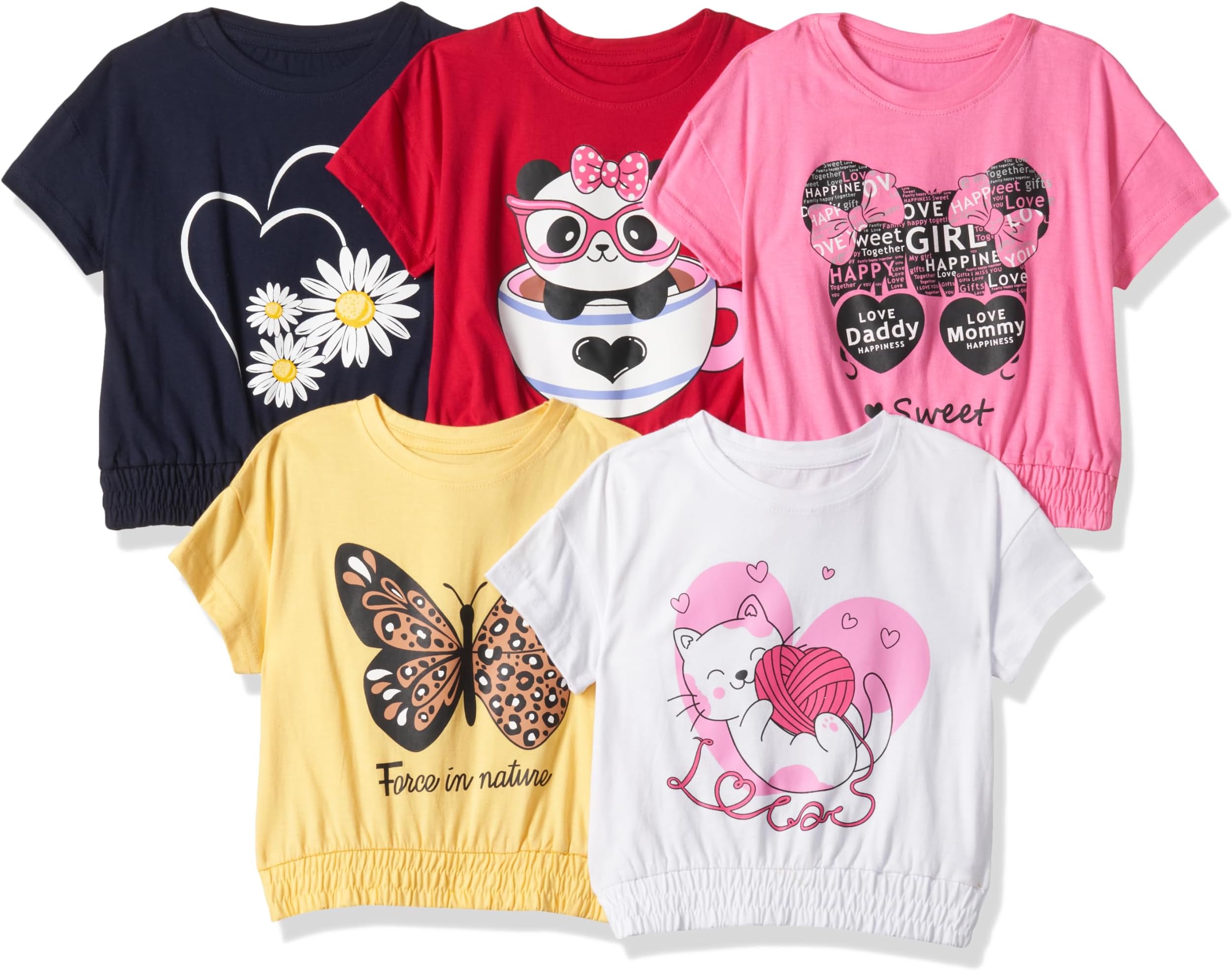 Girls Cotton Printed DropShoulder Oversized Fit T-Shirt (Pack of 5)