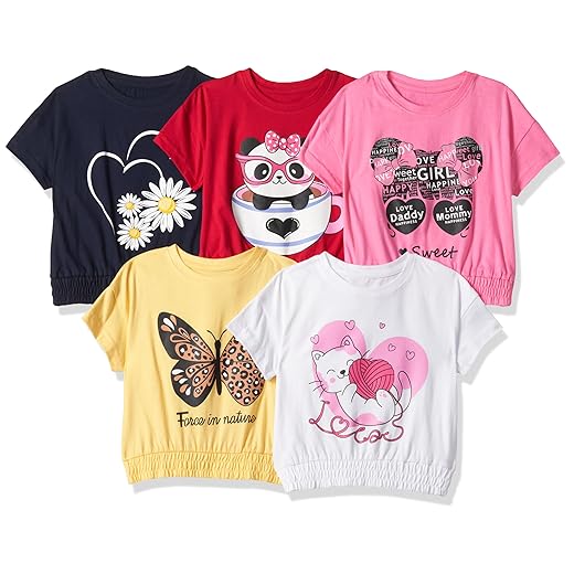 T2F Girls Cotton Printed DropShoulder Oversized Fit T-Shirt (Pack of 5)