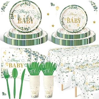 170 Pcs Sage Greenery Hey Baby Plates, Gender Neutral Table Decorations Eucalyptus Paper Plates, Napkins, Disposable Tableware Paper Cups and Tablecloths for Baby Shower Party, Serve 24 Guests
