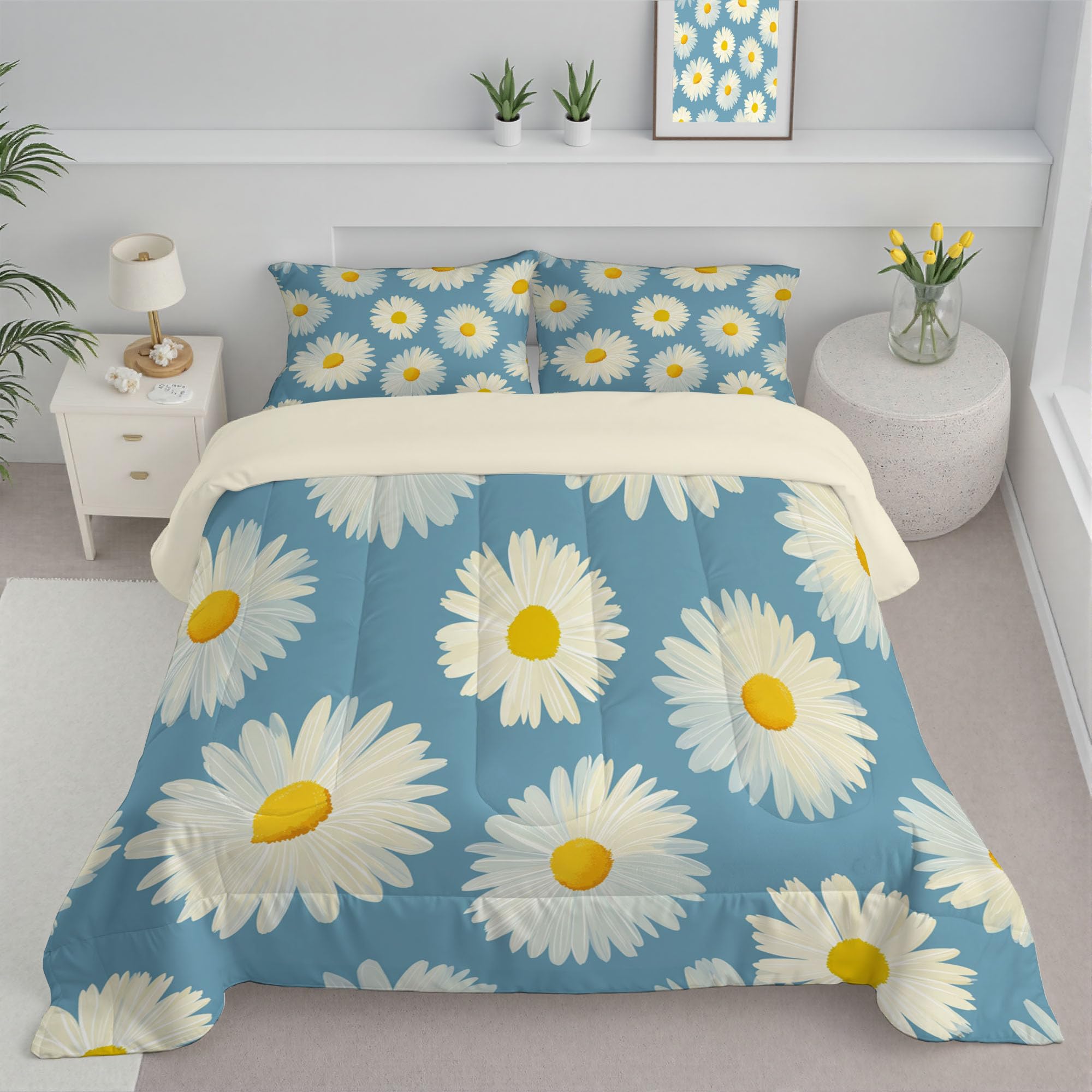 Couette 240x220cm sans housse 4 saisons, édredon imprimé bleu avec taies d'oreiller 65x65