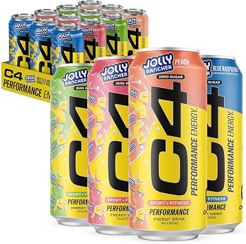 C4 Performance Energy Drink, Jolly Rancher Variety Pack, Zero Sugar Carbonated Preworkout Energy, 200mg Caffeine with Beta Alanine, 16 Fl Oz (12 Pack)