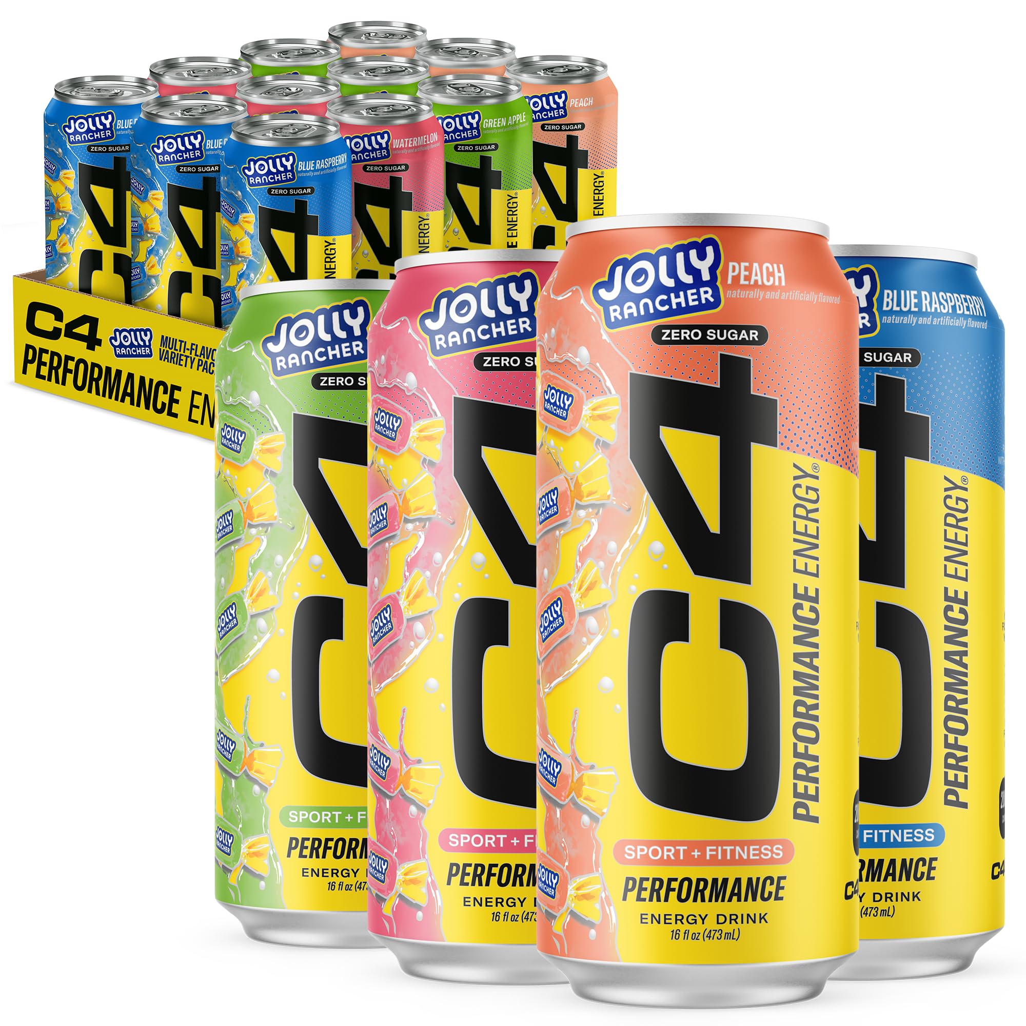 C4 Performance Energy Drink, Jolly Rancher Variety Pack, Zero Sugar Carbonated Preworkout Energy, 200mg Caffeine with Beta Alanine, 16 Fl Oz (12 Pack), C4 JOLLY RANCHER™ Variety Pack, 16 Fl Oz (Pack of 12)
