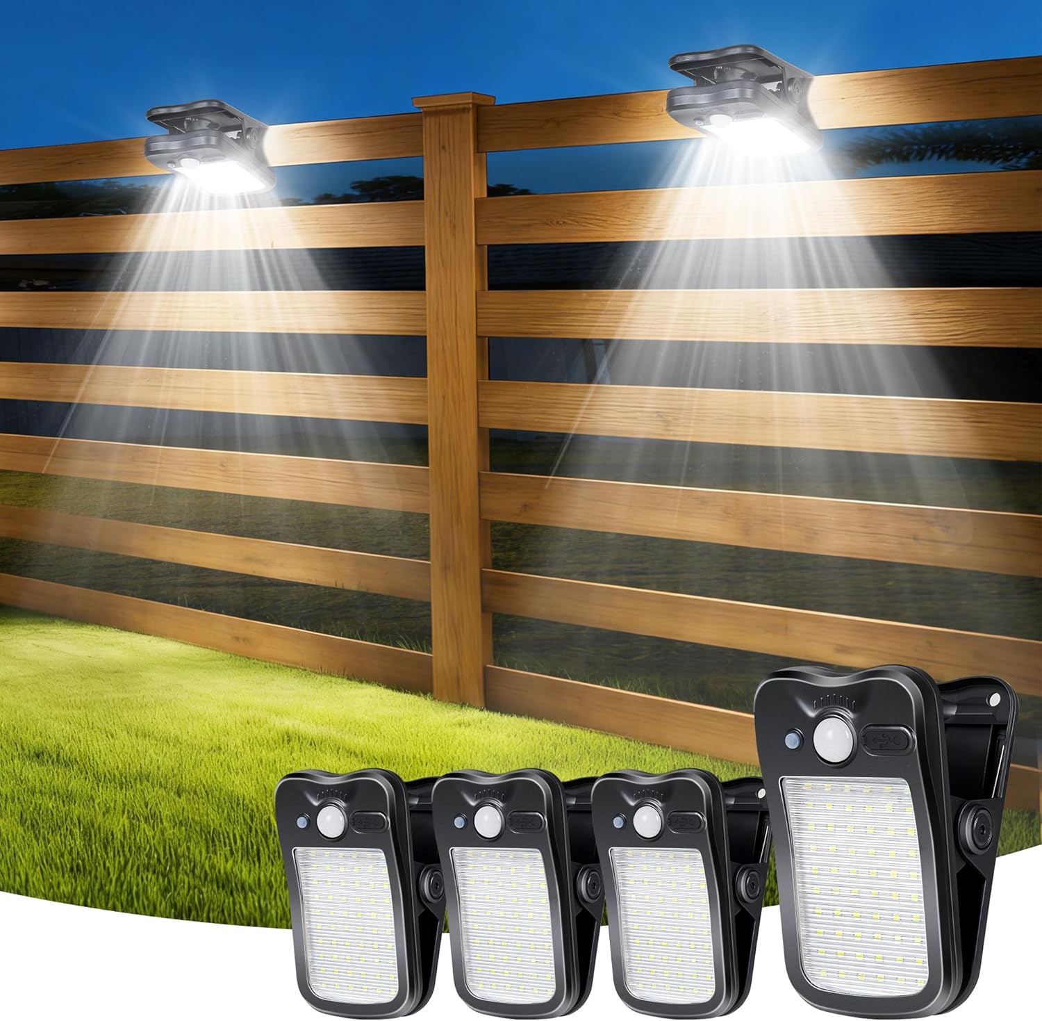 Clip on Solar Lights for Fence, 3 Modes Solar Motion Lights Outdoor Waterproof, 60LEDs 500LM Portable Security Light for Fence, Deck, Garage, Camping, USB Charging, 4 Black