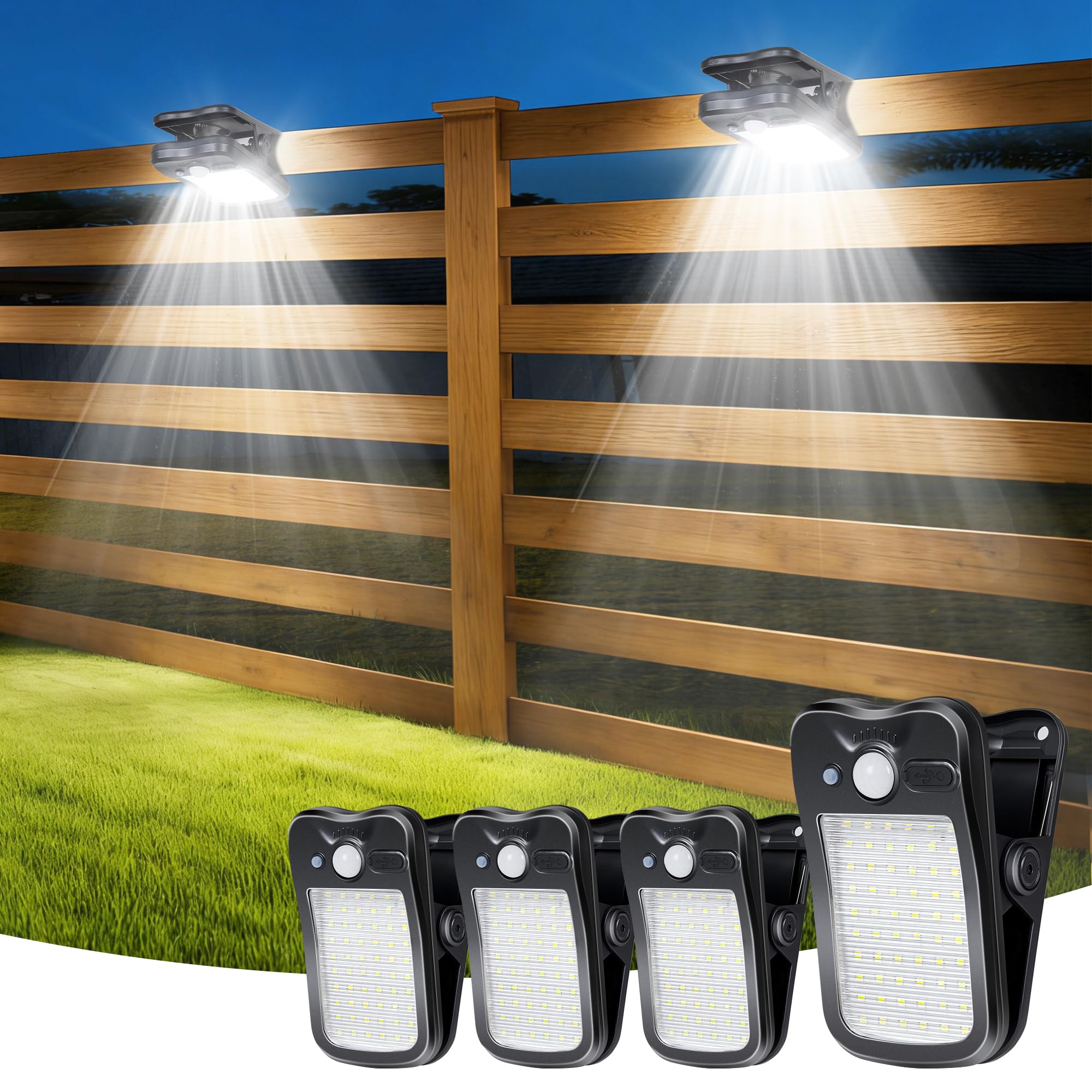 LIFENGSOLAR Solarleuchten zum Anklippen für Zaun, 3 Modi, Solar-Bewegungslichter, Outdoor, wasserdicht, 60 LEDs, 500 lm, tragbares Sicherheitslicht für Zaun, Deck, Garage, Camping, USB-Aufladung, 4